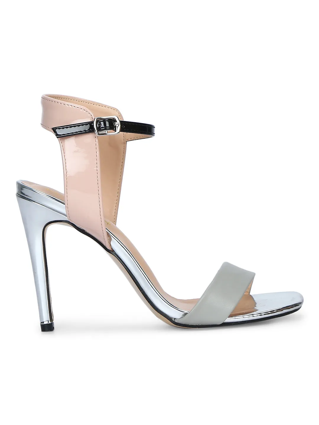 Grey PU Black Ankle Strap Low Heel Stiletto